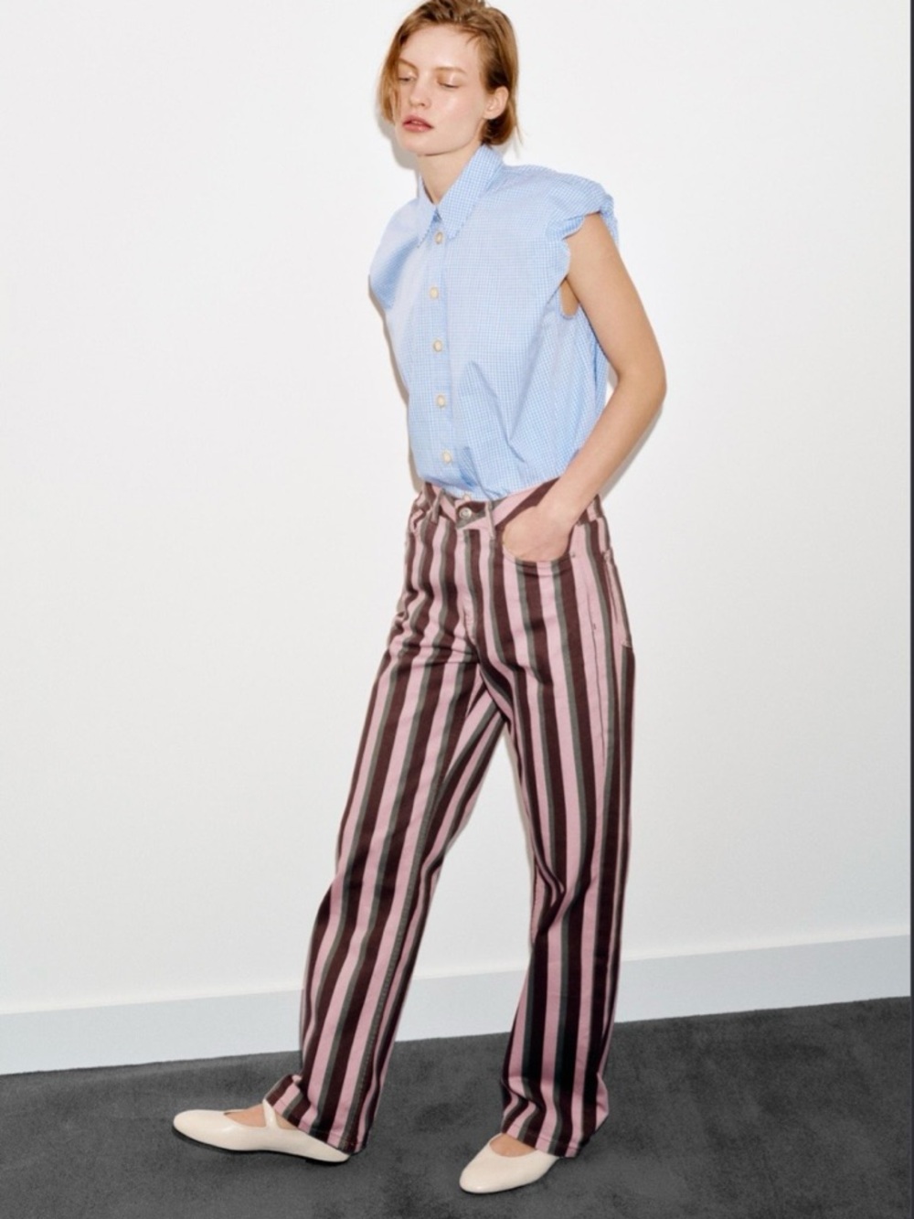 Striped Wide-Leg Pants in Pink and Black zara 6147/071/104